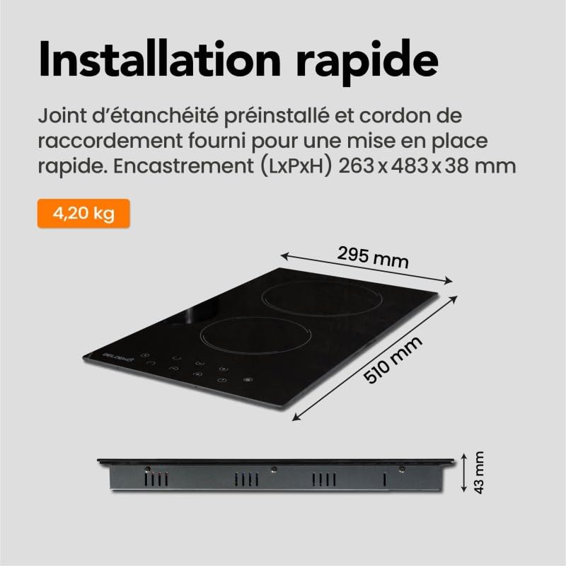 BELDEKO Plaque Vitrocéramique 2 Foyers Extra Plate Encastrable 3000W Commandes Tactiles Minuteur Sécurité Enfant