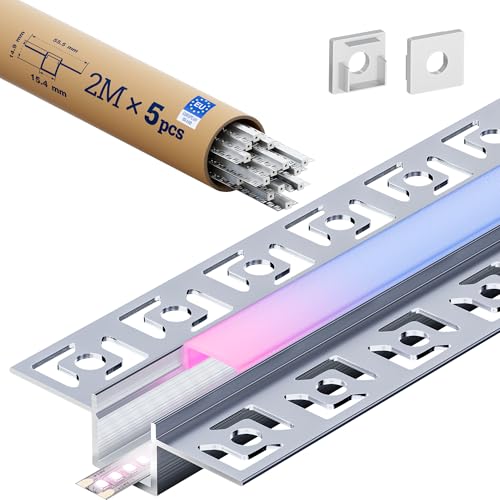 KOSOOM Led-gipsplaatprofiel, 2 m, aluminium profiel voor ledstrips, inbouwprofiel, rail met diffuser voor indirecte verlichting aan plafond en muur, geschikt voor inbouw (5 stuks)