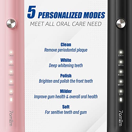 Image of 7AM2M Rechargeable Sonic Electric Toothbrush 2 Pack, Soft Toothbrushes for Adults and Kids with 12 Brush Heads, IPX7 One Charge Use for 90 Days, 5 Modes with 2 Minutes Build in Smart Timer