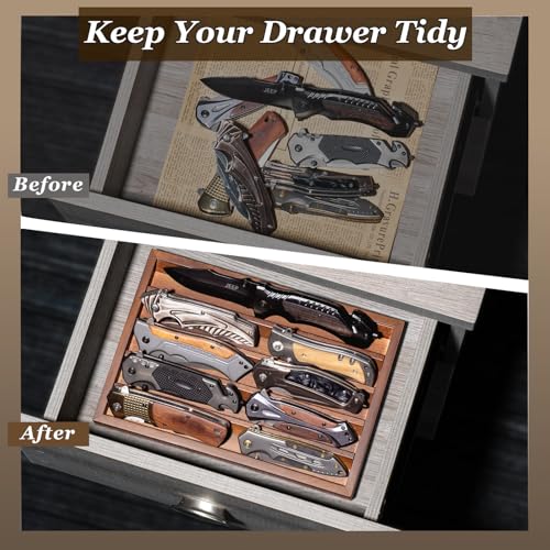 Image of Large Pocket Knife Organizer & Display Holder, Wooden EDC Tray for Folding Knives, Flashlights & Challenge Coins (Walnut, 1 Pack)