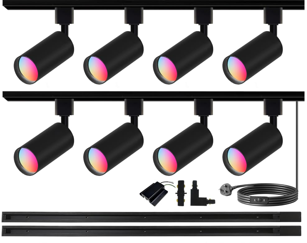 Bravsekai GU10 16-Color RGB Track Lighting Kit, 8-Pack Colour-Changing Spotlights with 2x1.5M H-Rail