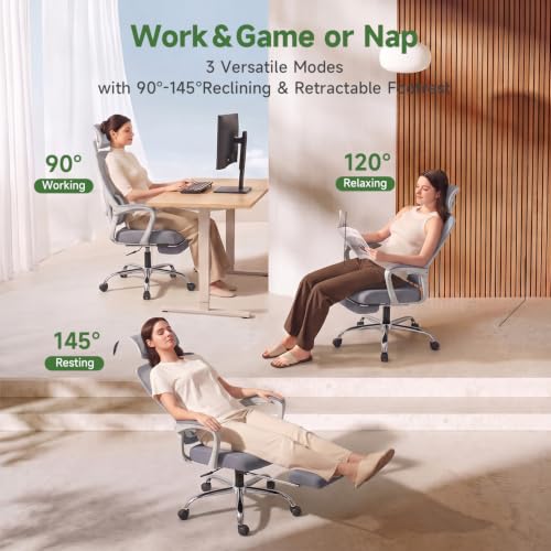Image of Ergonomic Office Chair with Footrest, 90-145 Reclining Mesh Desk Chair