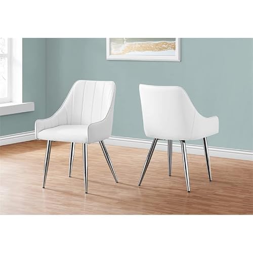 Monarch Specialties 1184, Set Of 2, Side, Upholstered, Kitchen, Room, Pu Leather Look, Metal, Contemporary, Modern Dining Chair, 17.5" L X 24" W X 33.50" H, White | Chrome Legs #TOP13