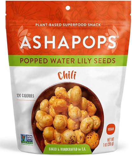 AshaPops Chili Popped Water Lily Seeds - Gluten Free | Vegan | Paleo | Kosher OU | Nut Free | Soy Free | 1 oz (Pack of 6)