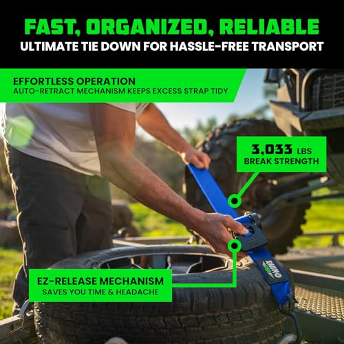 Image of Rhino USA Retractable Ratchet Straps (4-Pack) - 2 Inch x 10 Feet (3,033lb Break Strength) - Heavy Duty Auto Self Retracting Tie Down Straps for Truck, Cargo Trailer, Motorcycle, Rad & More - Blue