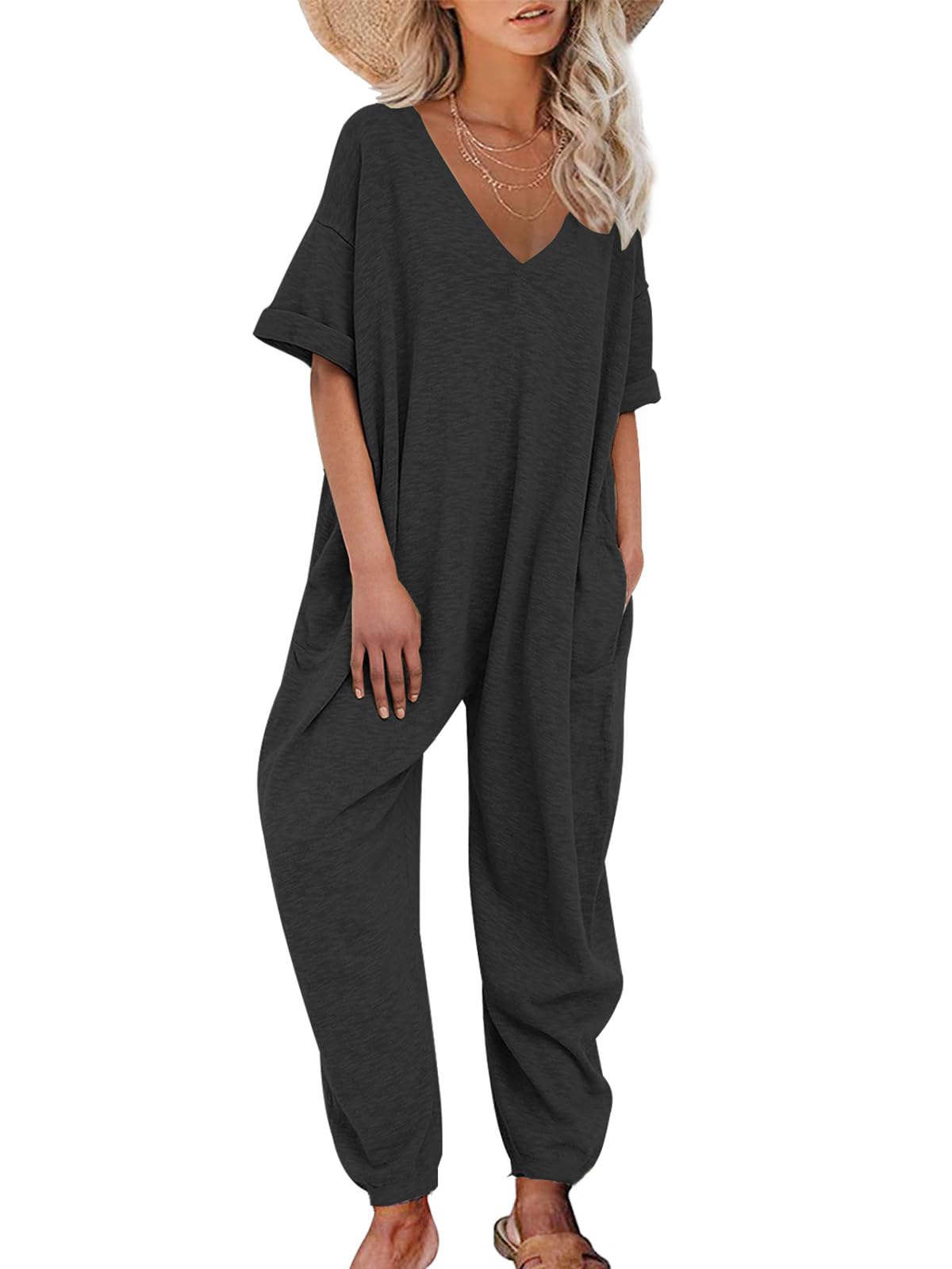NirovienWomen's Solid Color V Neck Jumpsuits Casual Half Sleeve Long Rompers Beam Foot Baggy Overalls
