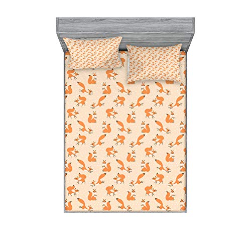 Ambesonne Squirrel Fitted Sheet & Pillow Sham Set, Little Squirrels Under Snowfall Fluffy Rodent Wildlife Winter Time, Decorative Printed 3 Piece Bedding Decor Set, Calking, Peach Orange