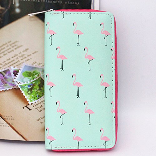 Timlee Cute Rainbow Unicorn Long Wallets Flamingo Wallets Long Purse Zipper Wallet For Girls Women(Flamingo Green)4
