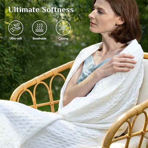 Image of BEDELITE Cooling Waffle Blanket Queen Size - Lightweight Breathable Cotton Summer Blanket of Rayon Derived from Bamboo for Hot Sleepers, Soft Throws for Bed, Couch and Sofa, White, 90x90 Inches