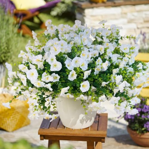 Artificial Fake Flowers For Outdoor Outside Decoration 16 Bundles UV Resistant Faux Plastic White Flowers with Green Eucalyptus Stem Plants Bulk Look Real for Home Porch yard Patio Planters (White)