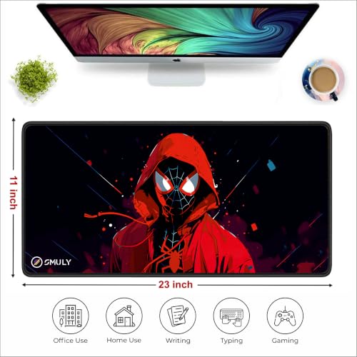 Image of Gaming Mouse Pad, Large Desk Mat 58.5 x 28 cm, Extended Washable Mousepad, Desk Pad, 2mm Thick Non-Slip Rubber Base, Stitched Edges, Smooth Surface (Multicolour) - Red Hoodie Spider Design