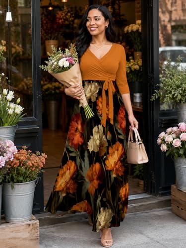 Image of Plus Size Maxi Dress for Women V Neck Flowy Dresses with Pockets for Wedding Guest Church