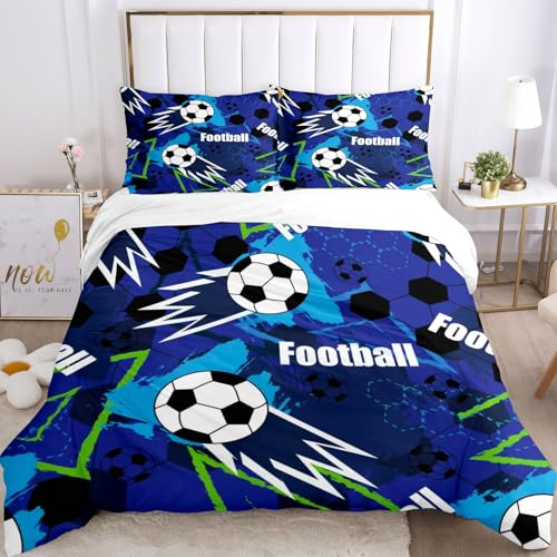TSOPEFI Literie pour Enfants Football 135 x 200,Ensemble de Housse de Couette 3D Football pour garçons,Bleu,Vert Housse de Couette Douce et Confortable pour...