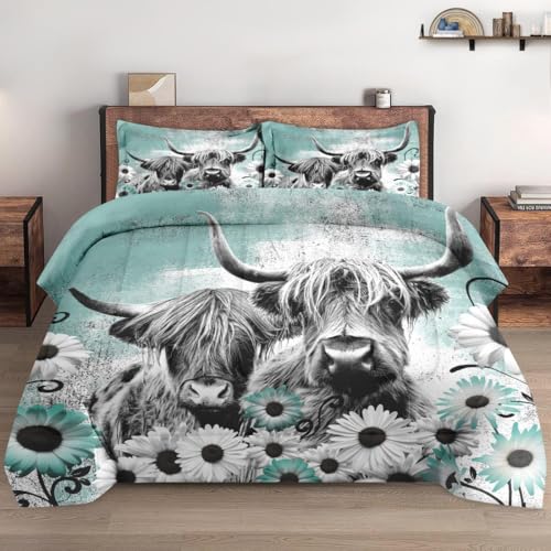WeCozy Comforter Set Full Size with 2 Pillowcases, Highland Cow Animal 3 Pcs Bedding for Kids and Adults, Buffalo Bull Farm Daisy Soft Comforter Set for Bedroom Bed Decor