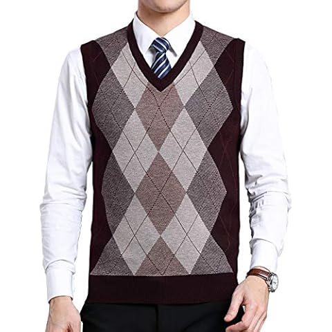 Biutimarden Mens Knitwear Gilet V-Neck Sleeveless Jumper Diamond Lattice Knitted Waistcoat Casual Sweater Vest Gentleman Tank Tops (XL, Navy) (S, Wine-Red) Cover
