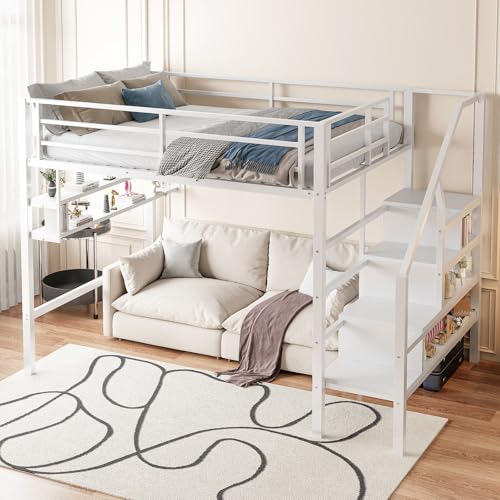 KOMHTOM 140 x 200 cm Cama de entrepiso multifuncional con estantes y escalera de almacenamiento, marco de hierro, (sin colchón) (blanco)