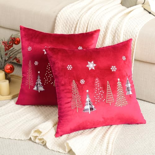 Tosleo Set of 2 Velvet Cushion Covers Christmas Deco 18 x 18 Inch Red Merry Xmas Many Christmas Trees Winter Decorative for Sofa Bed Chair Living Room Home - Image 4