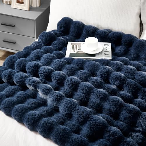 JONIYEAR Soft Fuzzy Bubble Faux Rabbit Fur Throw Blanket for Couch 50" x 60", Double Sided Textured Warm Fluffy Blanket for Winter,Luxury Cozy Puffy Shaggy Comfy Furry Blankets for Sofa Bed, Navy Blue