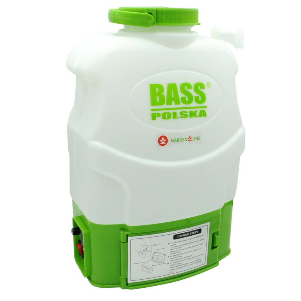 Bass Polska 20L Akku-Rückenspritze, Elektrisch, 12V, 18L Arbeitsvolumen, Teleskoplanze 68-108cm, 3 Düsenaufsätze, Grün Weiß