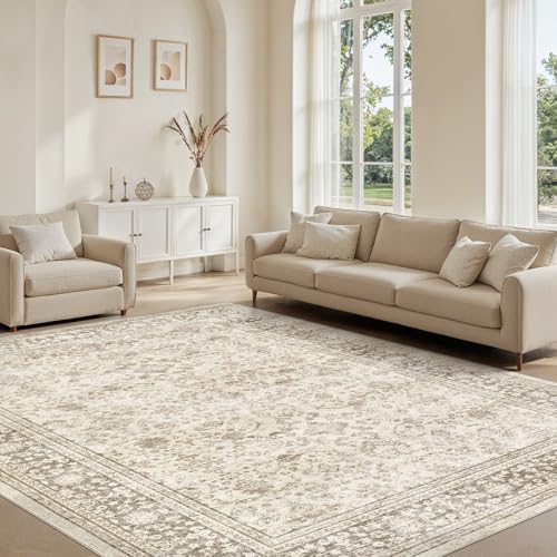 Area Rug 8x10 Washable Vintage - Soft Traditional Rugs for Living Room Large Non Slip Backing with Low Pile Farmhouse Oriental Retro Carpet for Bedroom Dining Room or Home Office - Yellowish Brown