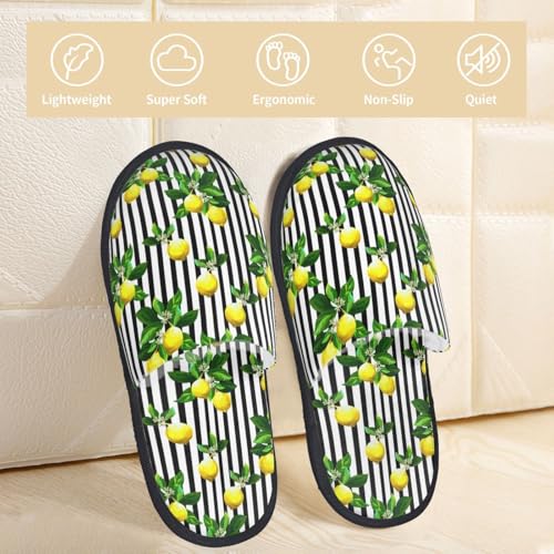 Lemons On Striped Print Women'S Fuzzy Slip On Indoor Outdoor Winter House Slippers3