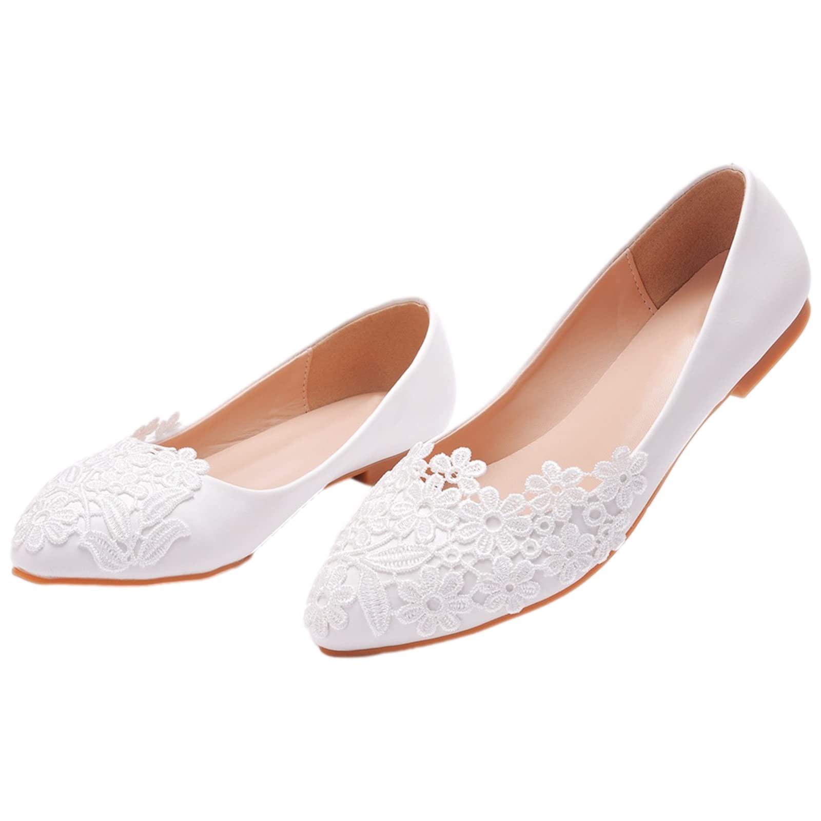 Femme Élégant Bout Pointu Fleur Dentelle Perle Chaussures de Mariée Escarpins Semelle Souple Ballerines