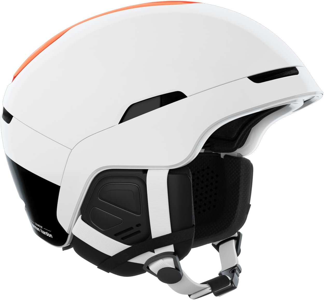 Side view of the POC Obex Connect helmet in white and orange, showing the ventilation openings.