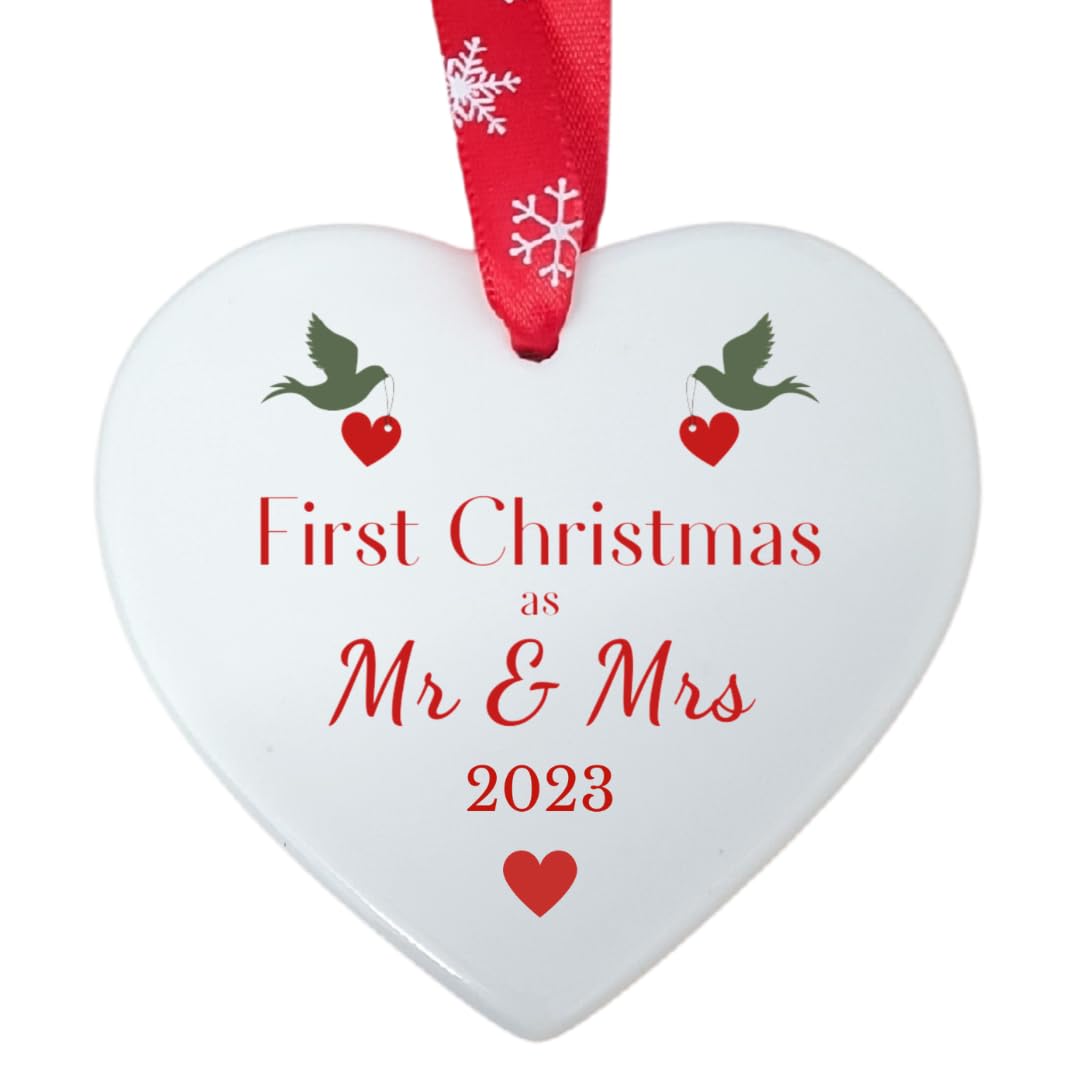 Second Ave First Christmas as Mr & Mrs White Ceramic Hanging Heart Christmas Xmas Tree Decoration Bauble