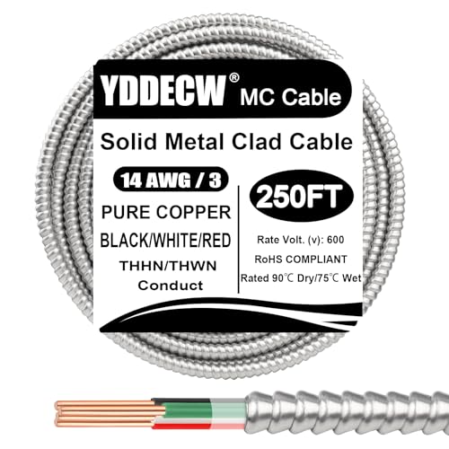 Image of 250ft 14 /3 Metal Clad (MC) Cable with Ground, 10 Gauge Electric Wire with Aluminum Armor, Solid Bare Copper Conductors for Indoor Outdoor Underground Embedded Installation (14 /3, 250 ft)