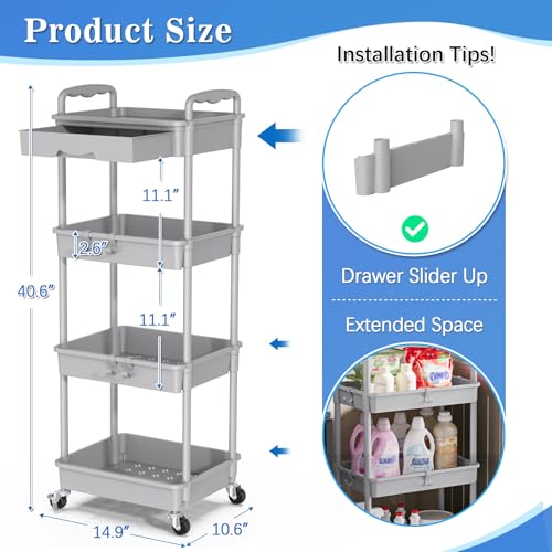 Image of SUNALLY 4 Tier Rolling Utility Cart with Drawer, Storage Organizer Cart with 2 Lockable Wheels, Multifunctional Rolling Storage Cart for Bathroom, Kitchen, Craft, Makeup, Baby Essentials, Gray