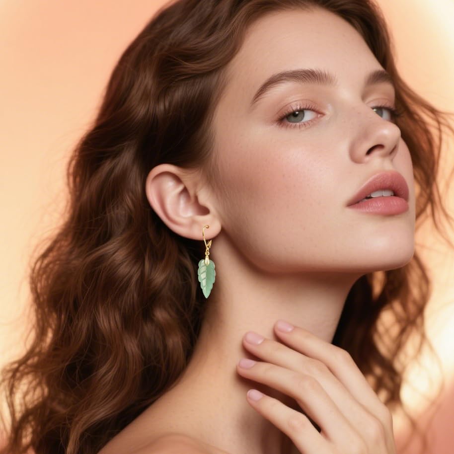 Natural Stone Drop Earrings,Yellow Gold Plated Real Crystal Quartz Jade Leaf Waterdrop Square Gemstone Dangle Earrings for Women Her - Image 4