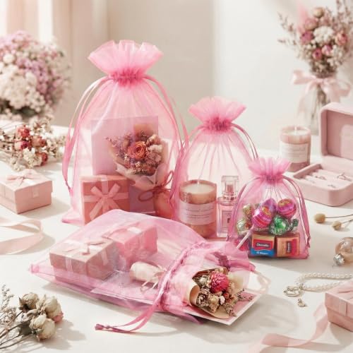 Image of FUNFERY 100PCS Pink Organza Gift Bags 4x6in,Drawstring Pouch for Jewelry