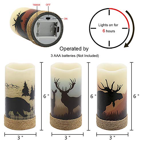 Image of Eldnacele Flameless Flickering Candles Deer, Moose, Bear Decal with Hemp Rope and 6H Timer, Battery Operated LED Pillar Candles Real Wax Home Decor Christmas and Gift Set of 3