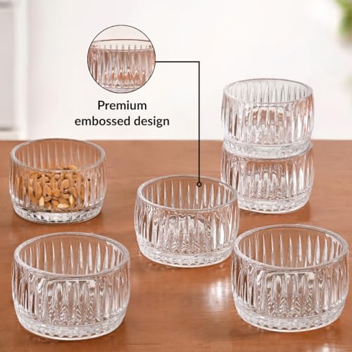 Image of Nestasia Small Glass Chutney Bowls Set of 6 (160ml Each) - Heat Resistant & Chip Resistant Ice Cream Bowls for Dips, Sauce & Pickles | Ribbed Transparent Katori with Gift Box - Ideal for Gifting