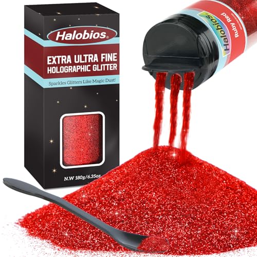 Halobios Extra Fine Glitter Holographic Red Glitter 6.35oz(180g) Ultra Fine Craft Glitters 1/128 Resin Glitter Powder for Hair Body Nails Arts and DIY Crafts Decoration