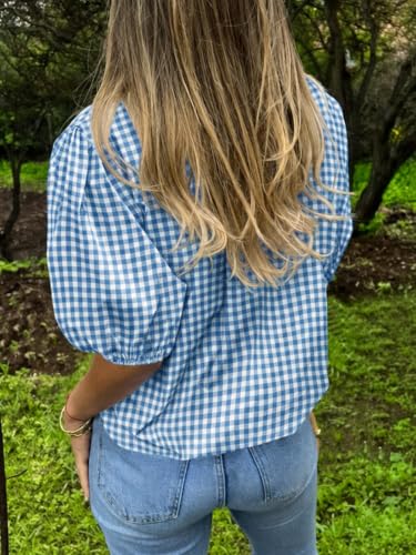 Image of Tankaneo Women's Button Down Shirts Short Puff Sleeve Collared Dressy Casual Blouse Tops