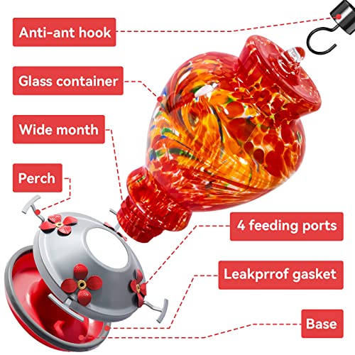 Hummingbird Feeders, 32 Ounces Hand Blown Glass Hummingbird Feeder With Attractive Spiral Pattern For Outdoors Hanging, 4 Feeding Metal Stations With Perch And Moat, Ant Moat Hook, Rustproof Base… #TOP6