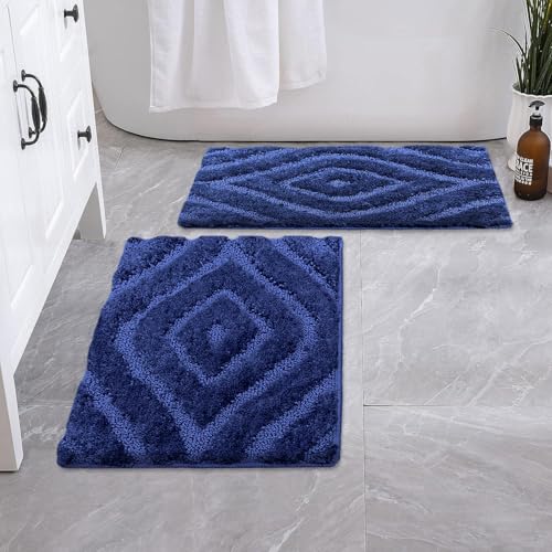 Image of Luxe Home Super Soft Microfiber Bath Mats Non-Slip TPR Backing Scotland Diamond Water Soak Bathroom Mat & Door Mats for Home Combo (38x58 cm) - Navy