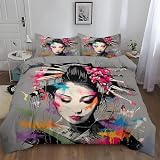 WHUOEUCO Funda Nórdica Cama 105 Geisha Japonesa con Grafiti, Juego De Funda Nórdica 180x220 cm, 3 Piezas Ropa de Cama con 2 Fundas de Almohada 50x75 cm, Microfibra Reversible Colcha