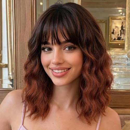 Image of Nnzes Auburn Wigs for Women,Synthetic Short Curly Wig with Bangs 16 Inch | Natural-looking heat-resistant fiber, soft comfortable wear, beginner-friendly for daily, party & cosplay.