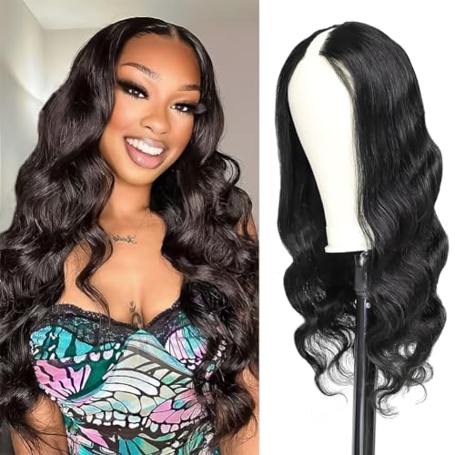 Image of V Part Wig Human Hair Body Wave Upgrade U Part Human Hair Wig 180 Density No Leave Out Glueless Clip In Half Wig Human Hair for Women Natural Black 30 Inch
