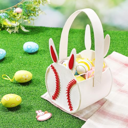 Image of Abbylike Easter Baseball Bag with Name Stickers Small Easter Candy Gift Bag Egg Hunt Bunny Baskets Rabbit Ear Baseball Bag Decoration for Kids Baby Shower Boys and Girls