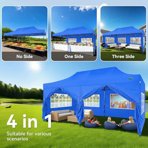 Image of COBIZI 10x20 Heavy Duty Pop Up Canopy Tent with 6 Sidewalls Thicken Frame, Commercial Easy Up Outdoor Wedding Party Tents, All Season Waterproof Windproof with Stakes Sandbags Ropes Roller Bag, Blue