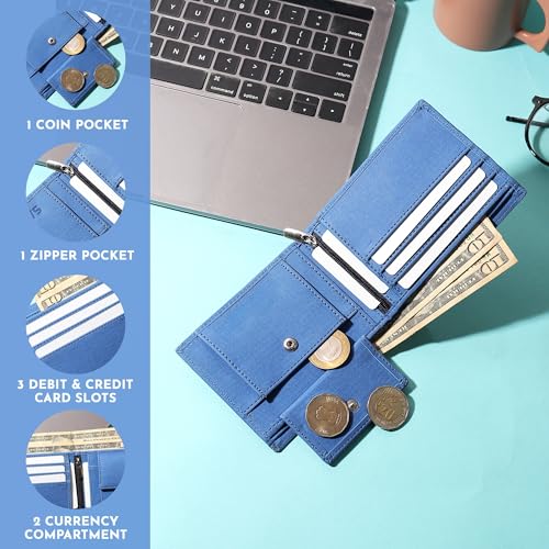 Image of VEMILIO Vegan Leather Wallet for Men | Eagle Print Embossed Premium Bifold Wallet | 3 Card Slots | 2 Cash Compartments | 1 Coin Pocket & 2 Secret Slots | Stylish, Durable & Gift for Men (Eagle, Blue)