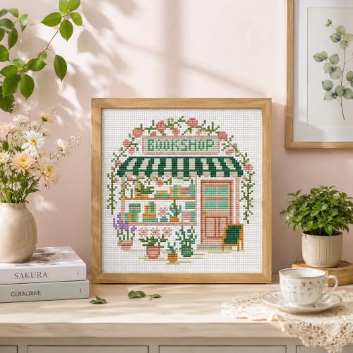Image of VIGEGU Bookstore Stamped Cross Stitch Kits for Adults Beginners with Frame