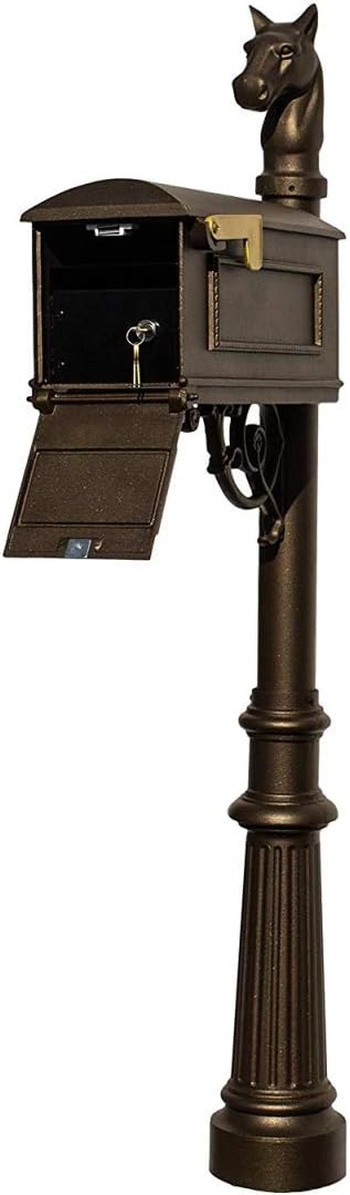 Qualarc LML-801-BZ Lewiston Rust Free Cast Aluminum Locking Mailbox System with Post, Decorative Horsehead Finial & Fluted Base, Bronze