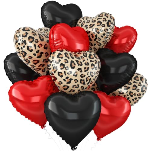 Black Red Leopard Print Heart Balloons 12Pcs 18Inch Birthday Decorations