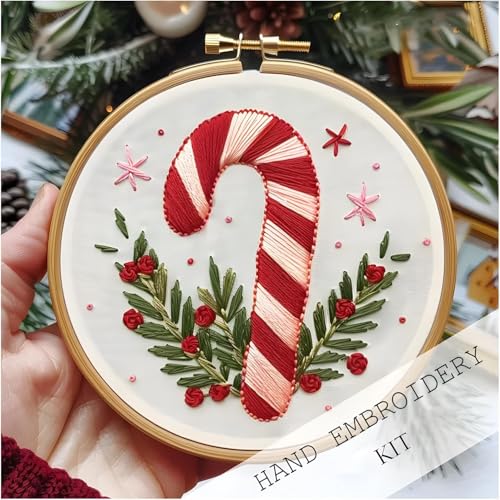 Image of UQRUI Christmas Embroidery Kits for Adults BeginnersEmbroidery Patterns, Ornament Embroidery Kit,Cross Stitch Kits (Candy Cane)