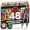 Zenacolor Pennarelli Acrilici a Doppia Punta (Fine e a Pennello) - 48 Colori Pennarelli Indelebili Acrilici per Diverse Superfici e Opere d'Arte - Pennarelli per Dipingere Sassi