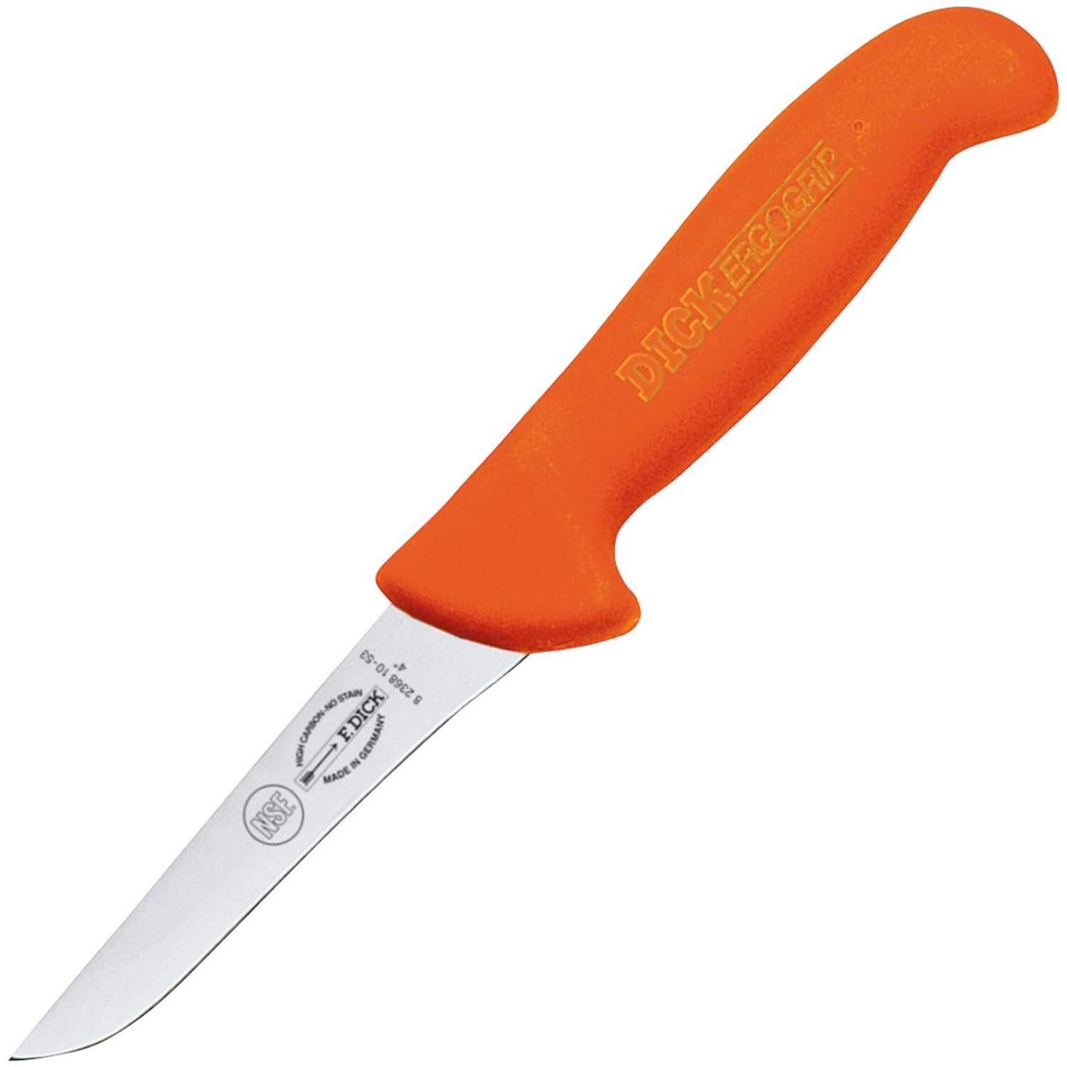 F. DICK Ausbeinmesser ErgoGrip 10 cm, steif - rostfrei, Klinge extra scharf, 56 HRC, Fleischermesser ergonomischer Griff hygienisch - Spezialstahl Metzgermesser - Profi Messer - 82368101-53 - orange